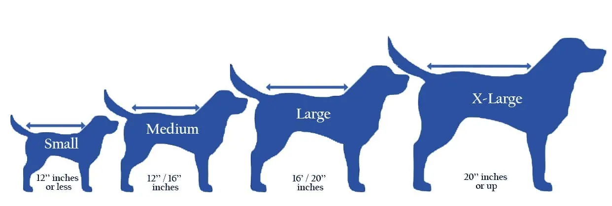 Dog size chart - Small (12 inches or less), Medium (12-16 inches), Large (16-20 inches), X-Large (20 inches or up)