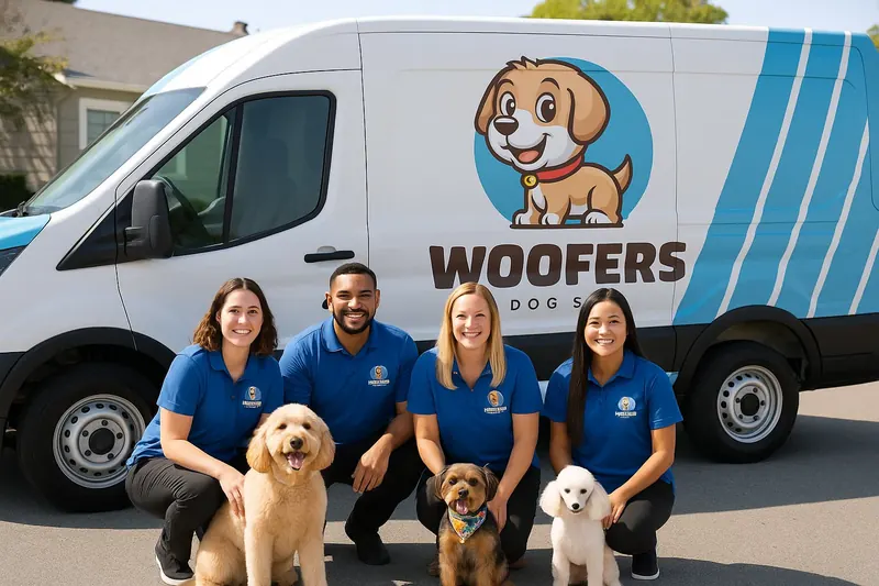 Woofers Dog Spa team with dogs in front of mobile grooming van